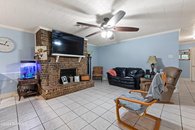 tiled living room featuring ornamental molding, a brick fireplace, and ceiling fan