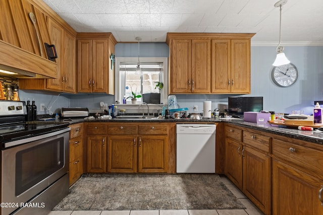 kitchen featuring white dishwasher, decorative light fixtures, ornamental molding, sink, and stainless steel electric range oven