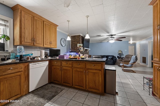 kitchen with kitchen peninsula, hanging light fixtures, crown molding, white dishwasher, and ceiling fan