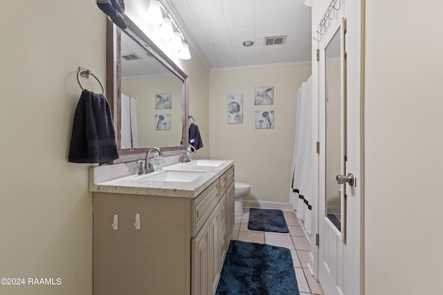 bathroom with vanity, a shower with shower curtain, ornamental molding, toilet, and tile patterned floors