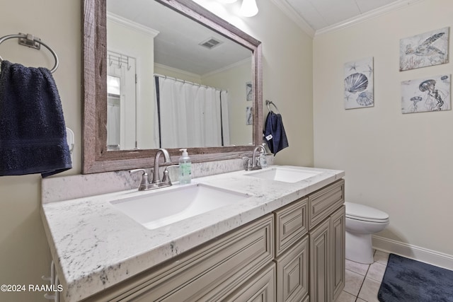 bathroom with ornamental molding, vanity, tile patterned flooring, and toilet