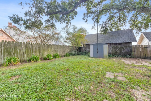 view of yard featuring a storage shed