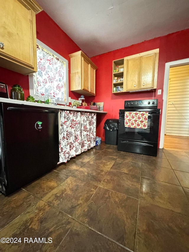 kitchen featuring light brown cabinets and black electric range