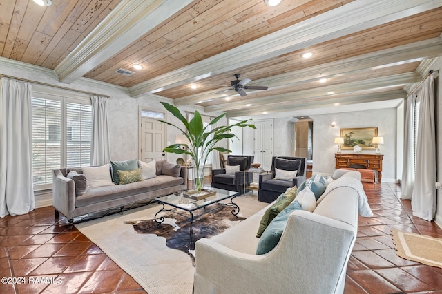 living room with ceiling fan, wood ceiling, tile patterned flooring, and beam ceiling