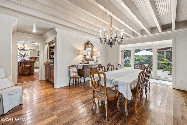 dining area with beam ceiling, wood-type flooring, and a chandelier