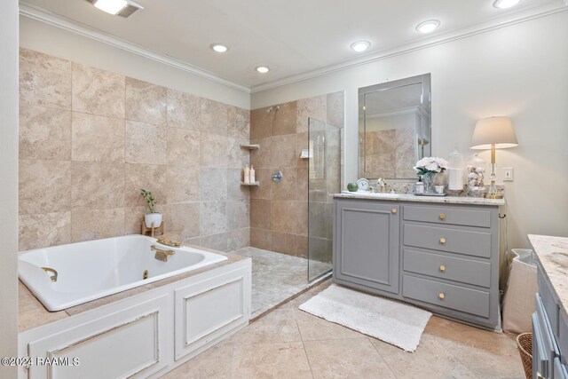 201 Canterbury Rd, Lafayette, LA 70508 - full bathroom with vanity, ornamental molding, a tile shower, a tub with jets, and tile patterned floors