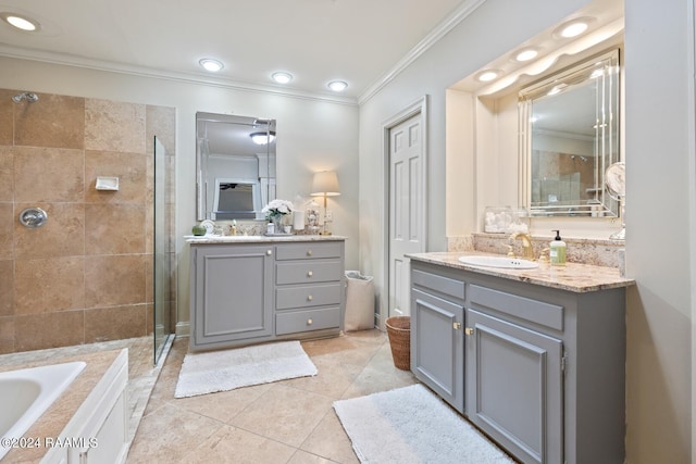 bathroom featuring crown molding, tile patterned flooring, vanity, and plus walk in shower