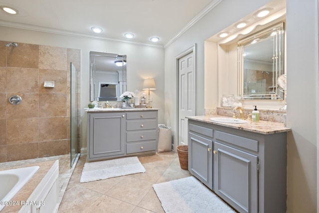 201 Canterbury Rd, Lafayette, LA 70508 - bathroom with crown molding, a stall shower, two vanities, tile patterned floors, and a bath