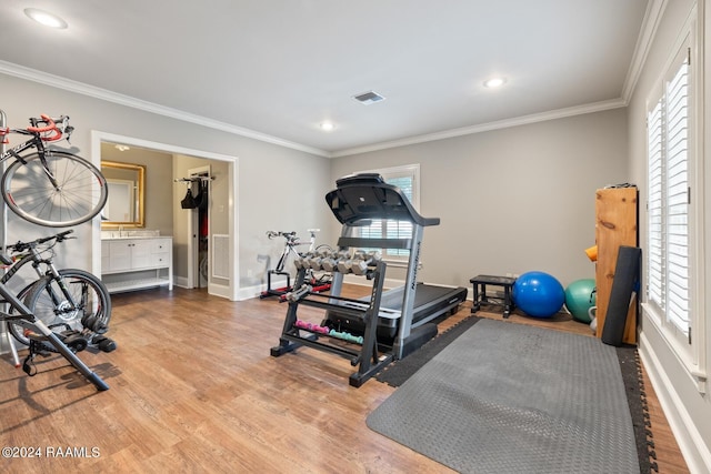 workout room featuring ornamental molding and hardwood / wood-style floors