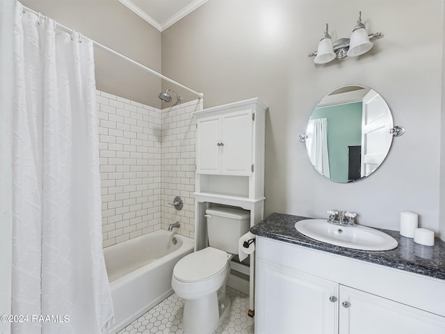 full bathroom featuring shower / bathtub combination with curtain, vanity, crown molding, tile patterned flooring, and toilet