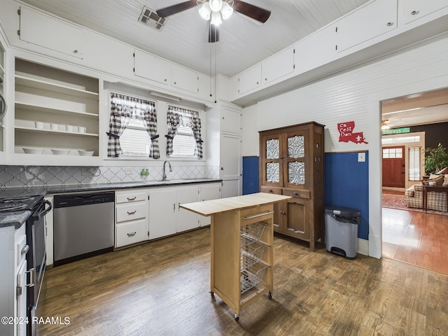 kitchen featuring white cabinetry, ceiling fan, appliances with stainless steel finishes, and a healthy amount of sunlight