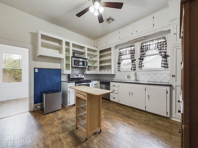 kitchen featuring white cabinetry, dark wood-type flooring, ceiling fan, and stainless steel appliances