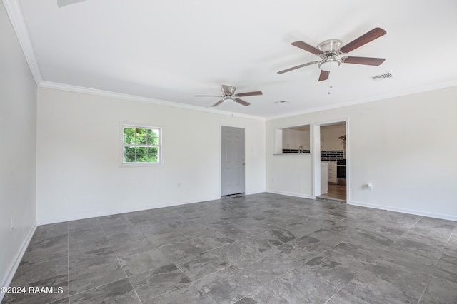 empty room with ornamental molding and ceiling fan