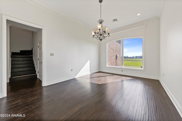 unfurnished room featuring a chandelier, dark wood-type flooring, and crown molding