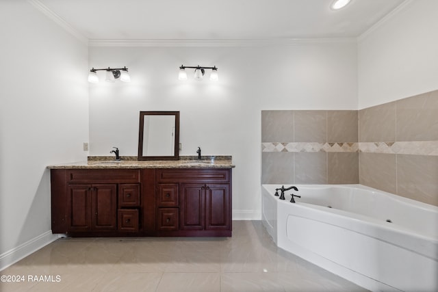 bathroom featuring a tub to relax in, crown molding, vanity, and tile patterned floors