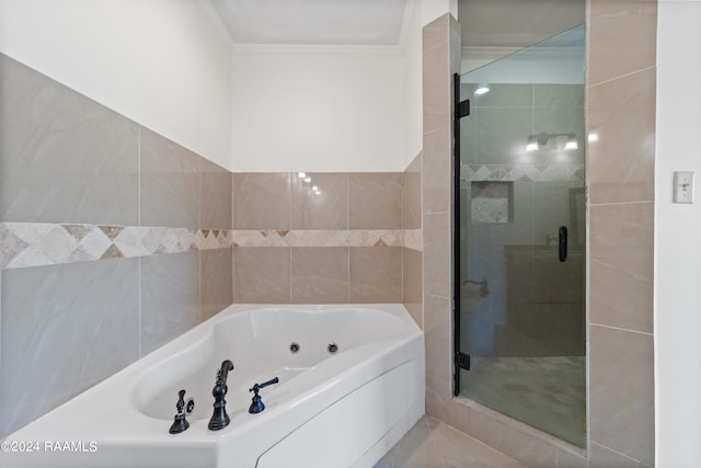 bathroom with independent shower and bath and crown molding