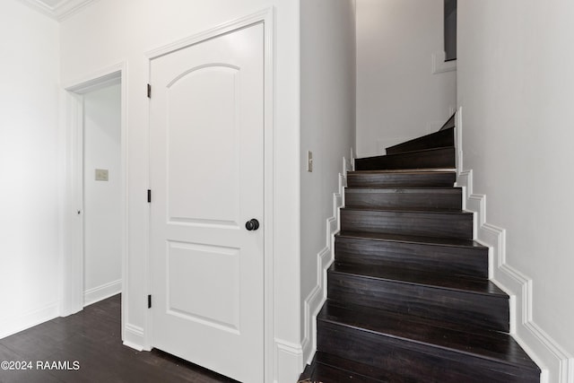 stairway featuring wood-type flooring and crown molding