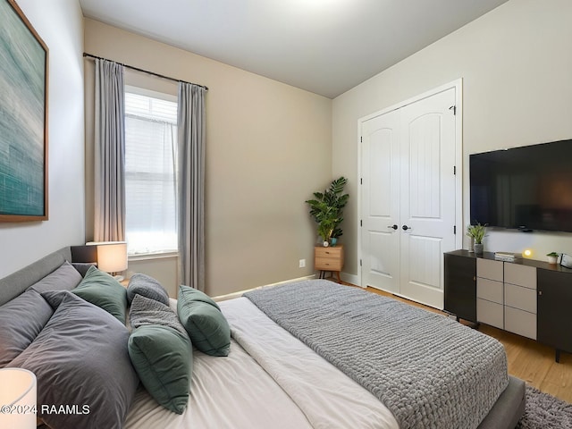 bedroom featuring wood-type flooring and a closet