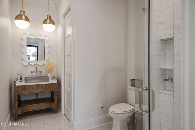 bathroom featuring walk in shower, vanity, toilet, and tile patterned floors