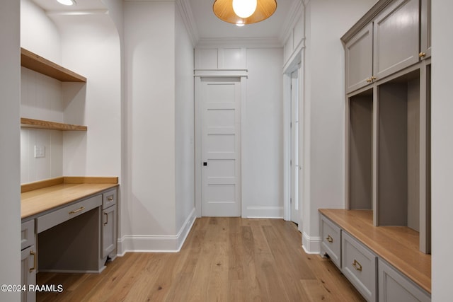 mudroom featuring crown molding and light hardwood / wood-style flooring