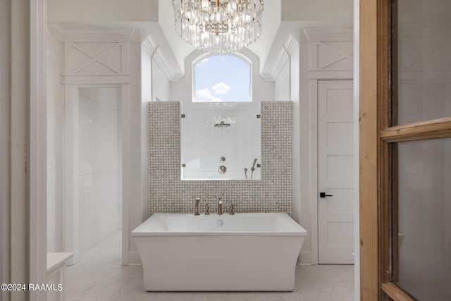 bathroom featuring tile walls, tile patterned flooring, independent shower and bath, and a chandelier