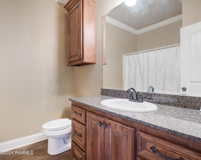 bathroom featuring ornamental molding, vanity, and toilet