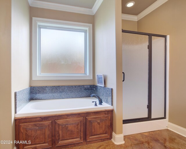 bathroom with shower with separate bathtub, ornamental molding, and tile patterned floors