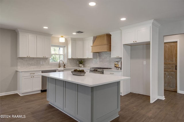 kitchen with a center island, dark hardwood / wood-style floors, white cabinetry, custom range hood, and stainless steel appliances