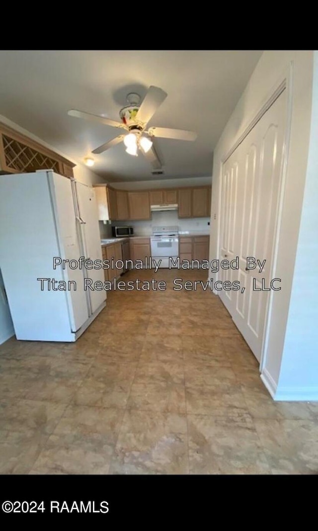 kitchen with white appliances, ceiling fan, and light brown cabinets