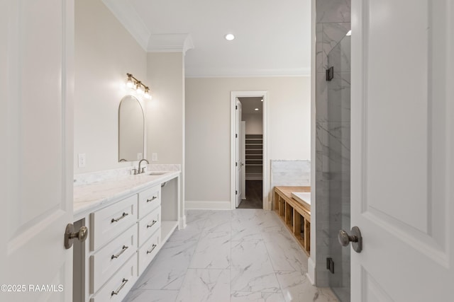 bathroom with vanity, a tile shower, recessed lighting, ornamental molding, and marble finish floor