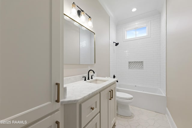 full bath featuring toilet, vanity, shower / bathing tub combination, tile patterned flooring, and recessed lighting