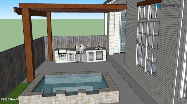 view of pool with an in ground hot tub and fence