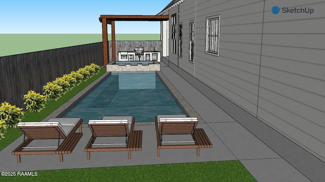 view of pool featuring fence, an outdoor hangout area, a swimming pool, and a patio area