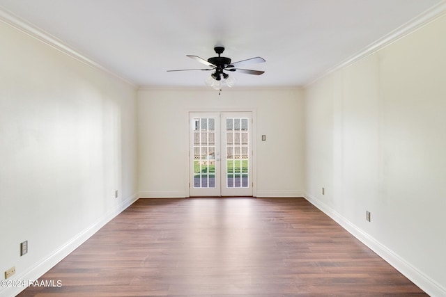 unfurnished room with hardwood / wood-style floors, crown molding, ceiling fan, and french doors