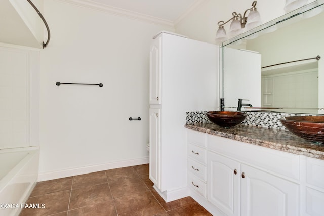 full bathroom with tub / shower combination, vanity, crown molding, tile patterned flooring, and toilet