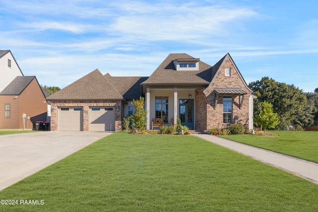 view of front facade with covered porch, a front lawn, and a garage