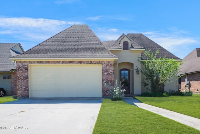 french country home featuring a front yard and a garage