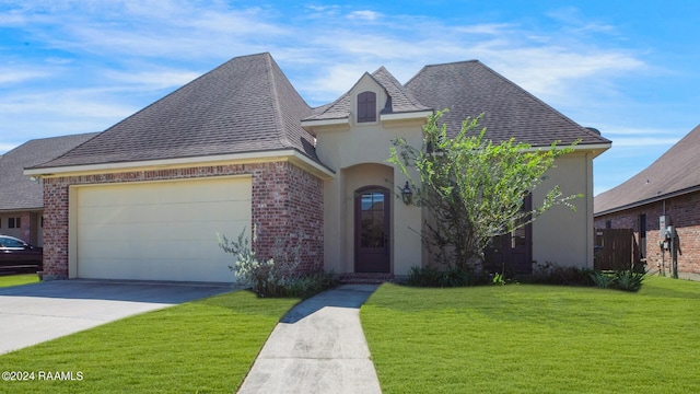 french country style house with a front yard and a garage