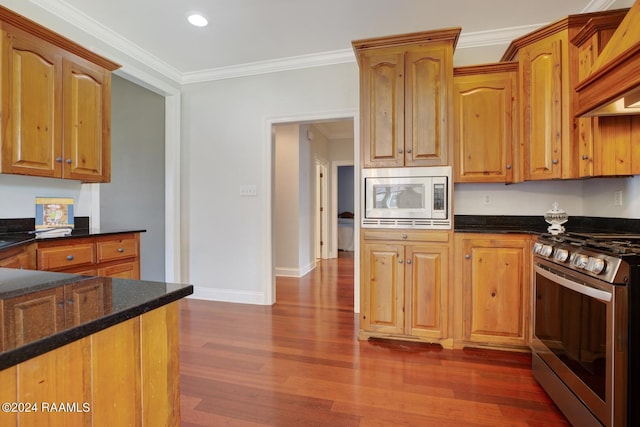 kitchen featuring stainless steel appliances, dark stone countertops, dark wood-type flooring, and premium range hood