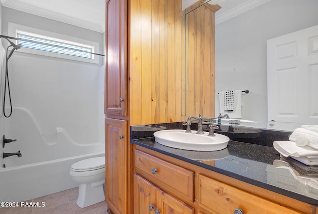 full bathroom featuring tile patterned flooring, shower / bathtub combination, ornamental molding, vanity, and toilet