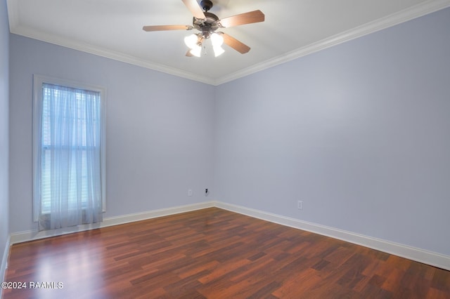 unfurnished room featuring ceiling fan, crown molding, and dark wood-type flooring