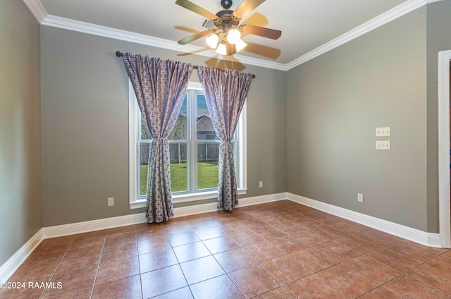 tiled empty room with ornamental molding and ceiling fan