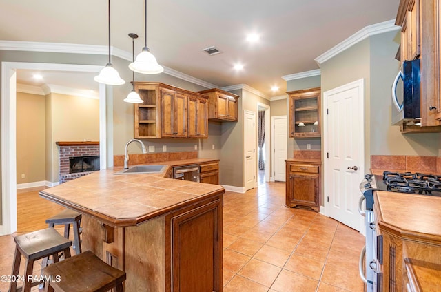 kitchen featuring sink, kitchen peninsula, hanging light fixtures, stainless steel appliances, and crown molding