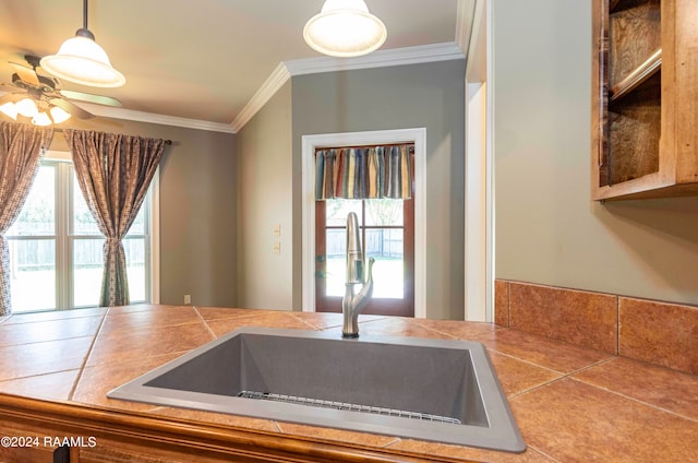 kitchen with ornamental molding, sink, and a healthy amount of sunlight