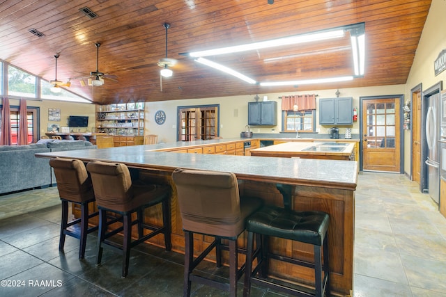 kitchen featuring ceiling fan, wood ceiling, lofted ceiling, kitchen peninsula, and a breakfast bar area