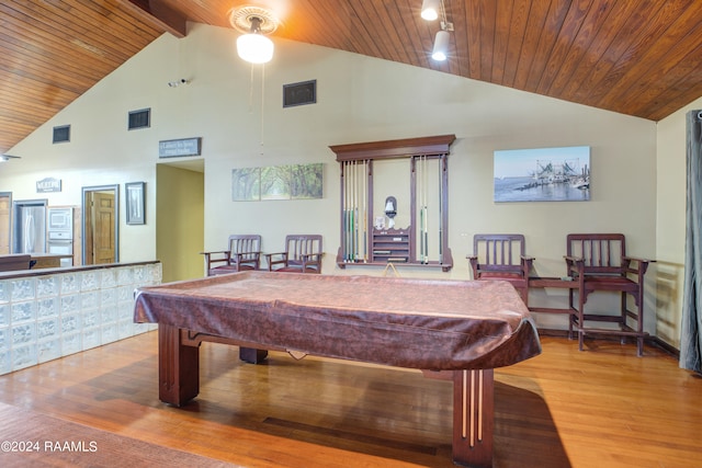 playroom featuring wood-type flooring, billiards, wood ceiling, and high vaulted ceiling