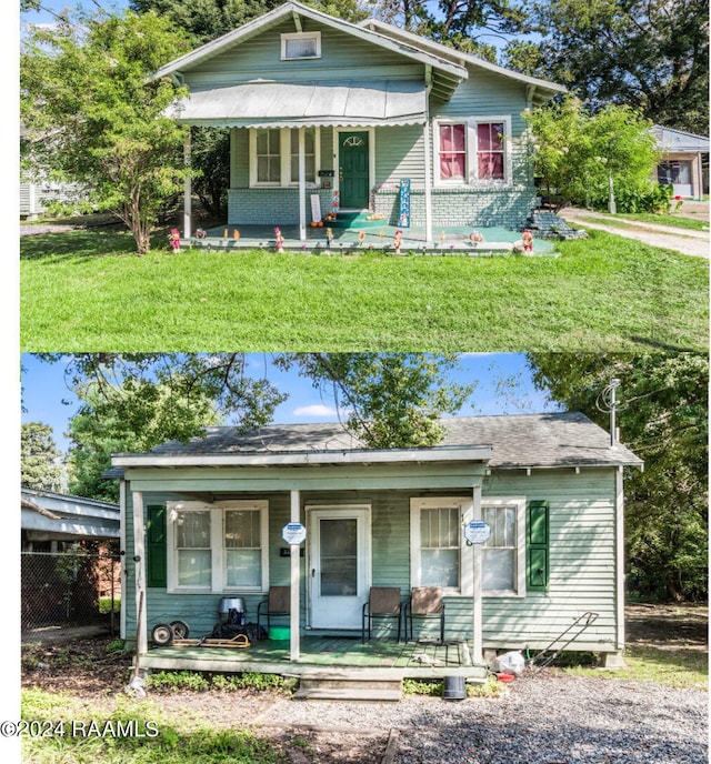 bungalow-style home featuring a front yard and covered porch