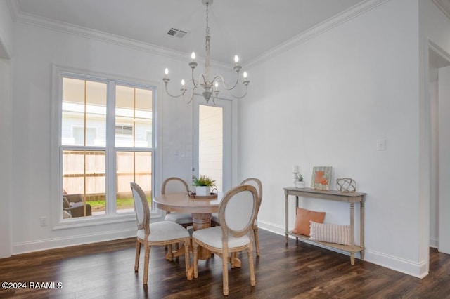 dining space featuring an inviting chandelier, dark wood-type flooring, and crown molding