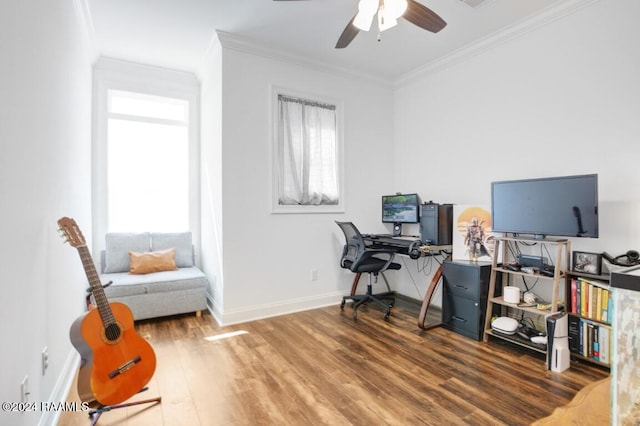 office space featuring ornamental molding, ceiling fan, and dark wood-type flooring