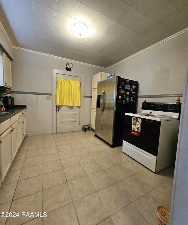 kitchen featuring white cabinetry, white range with electric cooktop, stainless steel fridge with ice dispenser, and crown molding